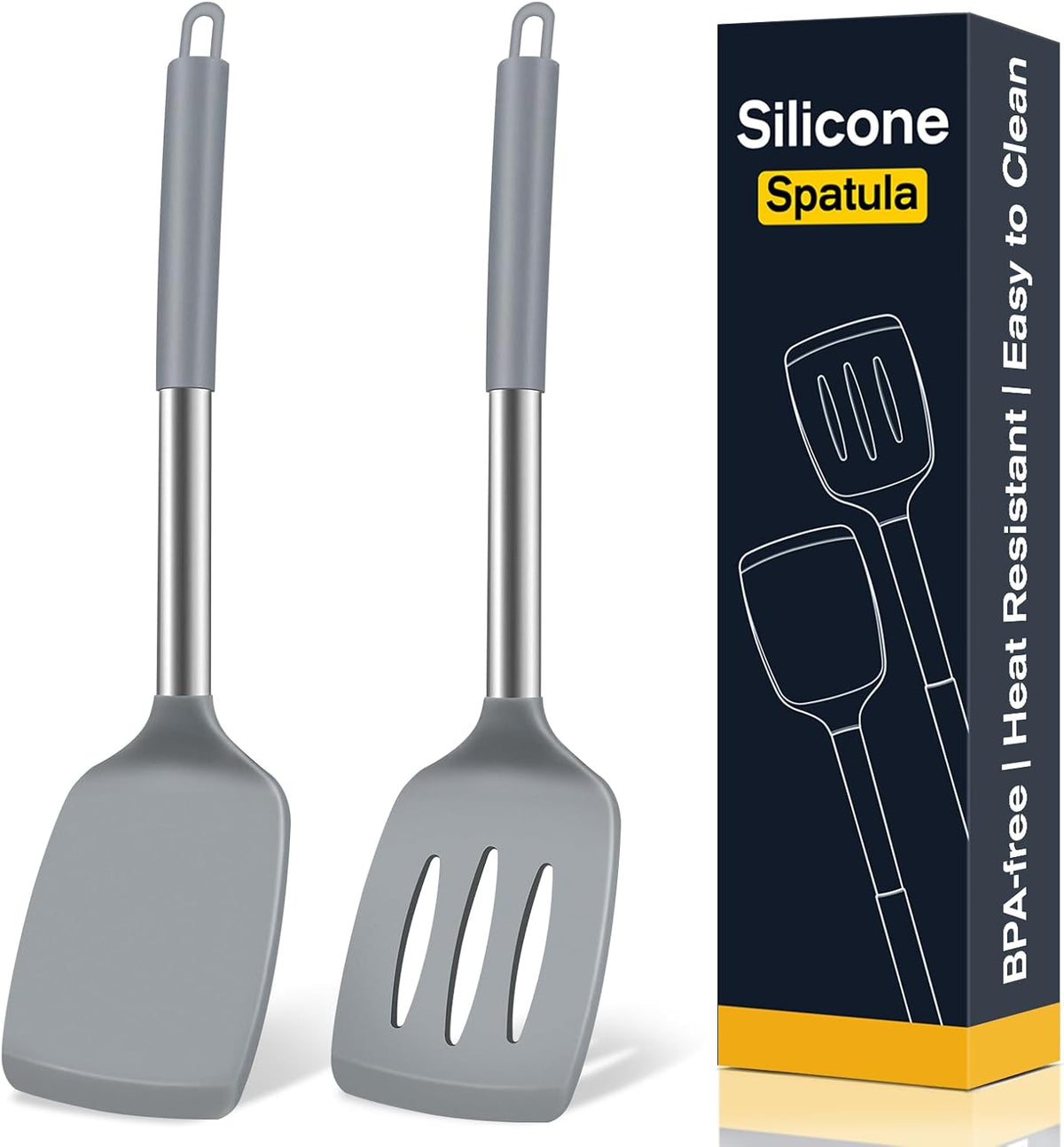 2 Pack Silicone Spatula Set, Solid & Slotted Turner for Non-Stick Pans - Dishwasher Safe, BPA-Free Silicone Cooking Utensils for Fish, Eggs, Pancakes, High Heat Resistant, Black