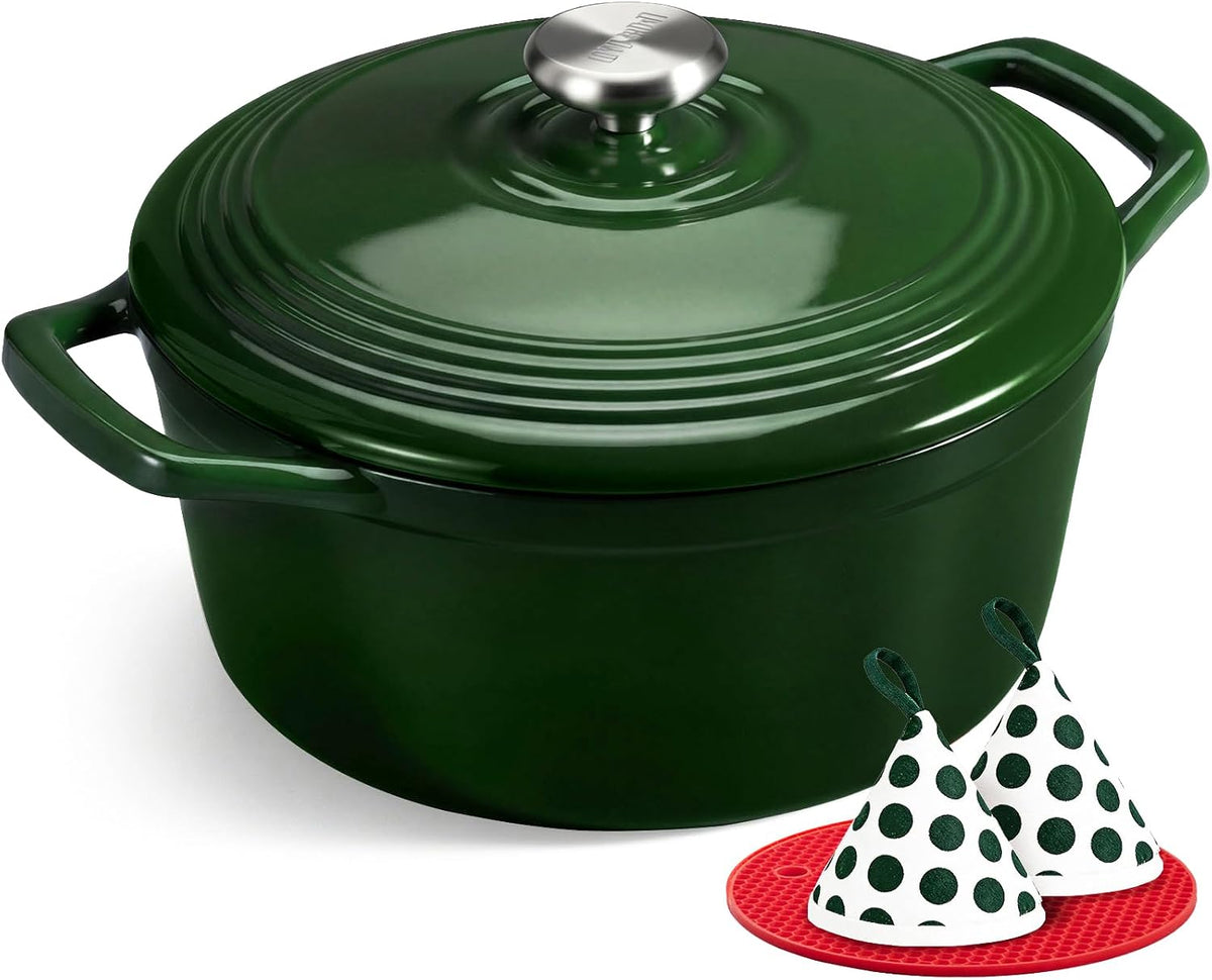 Limited-Time Deal - Overmont Enameled Cast Iron Dutch Oven - 5.5QT Pot with Lid Cookbook - Heavy-Duty Cookware with Cotton Potholders, Enclosed Lid-Knob Design, Oven Safe for Sourdough Baking Braising Stews Roasting
