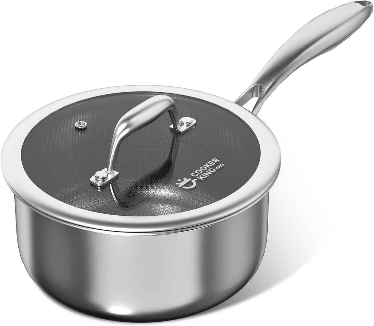 Flash Sale - COOKER KING 1.5 QT Stainless Steel Saucepan, Small Cooking Pot with Lid - Hybrid Saucier Pan Induction Compatible, Non-toxic Cookware with Ceramic Nonstick Coating, Dishwasher & Oven Safe to 900°F
