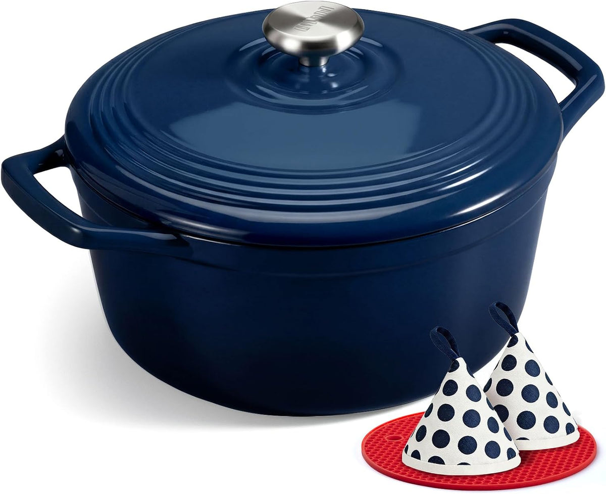 Limited-Time Deal - Overmont Enameled Cast Iron Dutch Oven - 5.5QT Pot with Lid Cookbook - Heavy-Duty Cookware with Cotton Potholders, Enclosed Lid-Knob Design, Oven Safe for Sourdough Baking Braising Stews Roasting