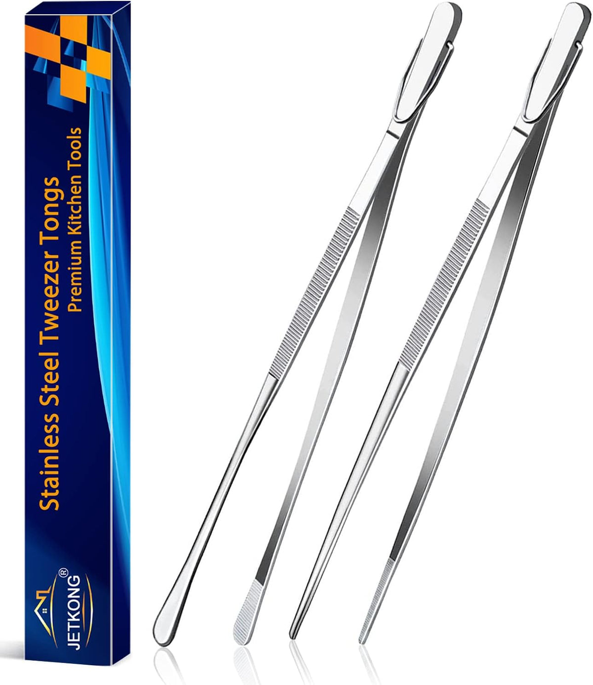 Limited-Time Deal - JETKONG 2 Pcs 12-Inch Kitchen Tweezers Fine Tweezer Tongs, Extra-Long Stainless Steel Cooking Tweezers (Silver)