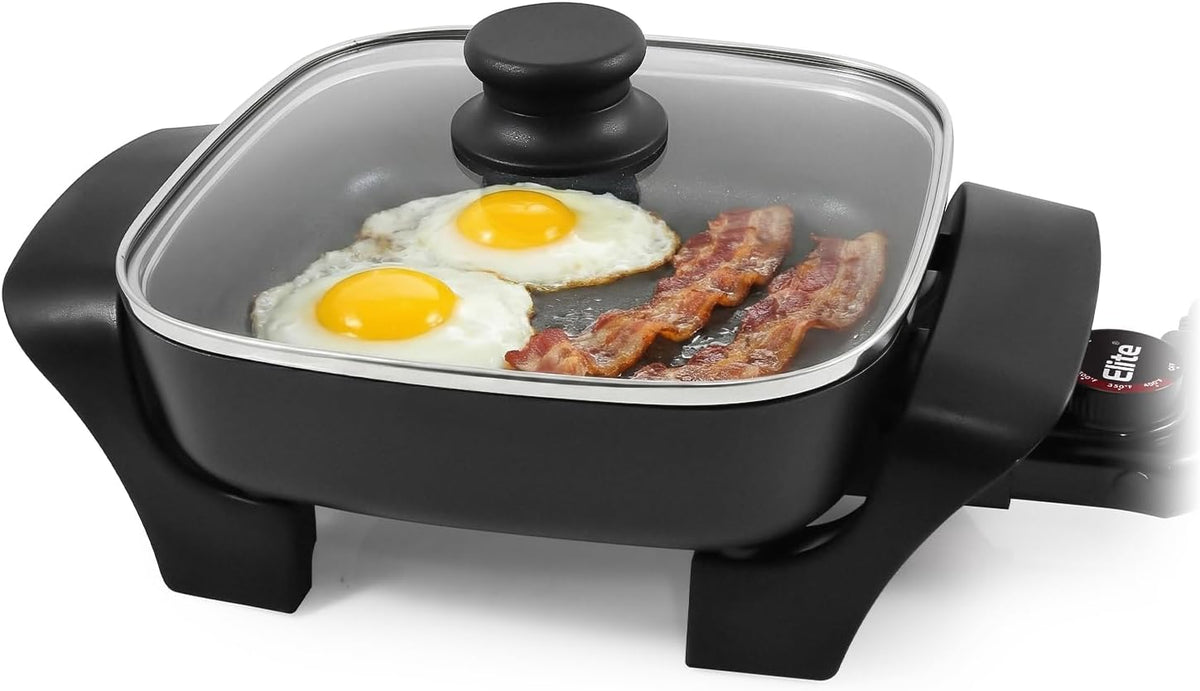 Flash Sale - Elite Gourmet 12 Ceralast? PFAS-Free Ceramic Electric Skillet, 1200W - 12x12 Surface, 2.15 Deep, Rapid Heat, EG2212