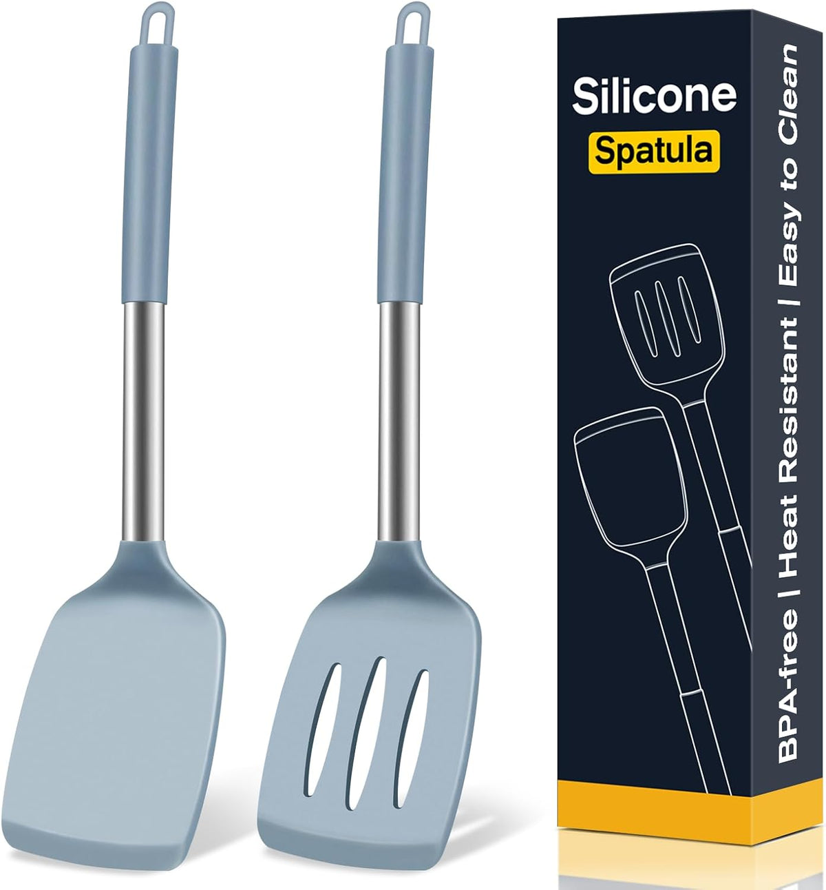 2 Pack Silicone Spatula Set, Solid & Slotted Turner for Non-Stick Pans - Dishwasher Safe, BPA-Free Silicone Cooking Utensils for Fish, Eggs, Pancakes, High Heat Resistant, Black