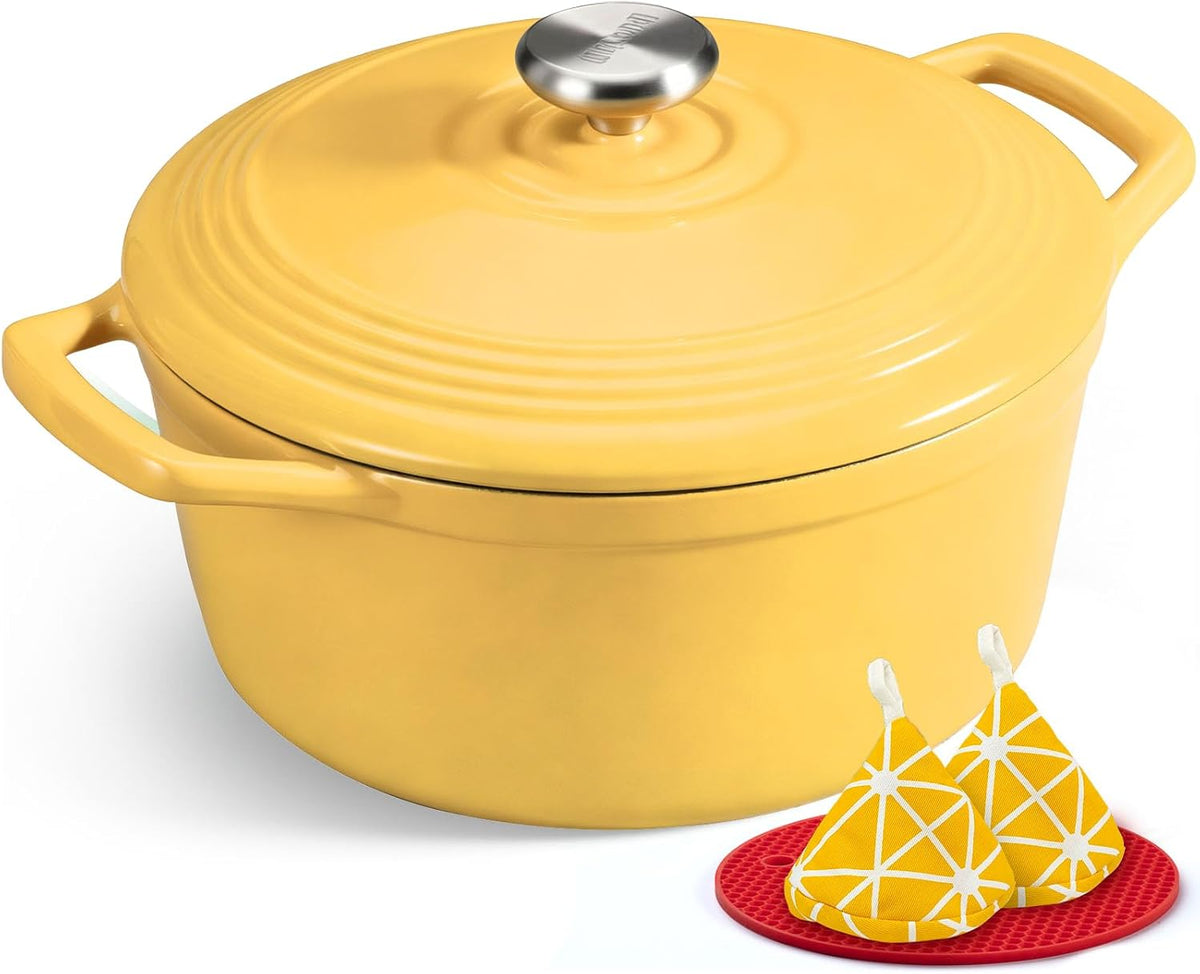 Limited-Time Deal - Overmont Enameled Cast Iron Dutch Oven - 5.5QT Pot with Lid Cookbook - Heavy-Duty Cookware with Cotton Potholders, Enclosed Lid-Knob Design, Oven Safe for Sourdough Baking Braising Stews Roasting