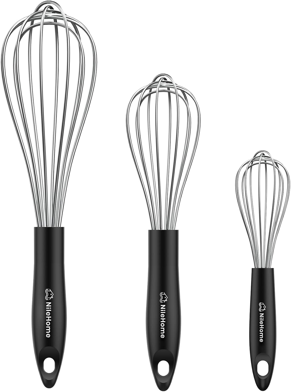 Great Value - NileHome 3-Pack Stainless Steel Whisk Set, Kitchen Utensils for Cooking - Food-grade Material,Dishwasher Safe,8in+10in+12in,Easy to Clean and Store,Perfect for Cooking,Whisking and Blending