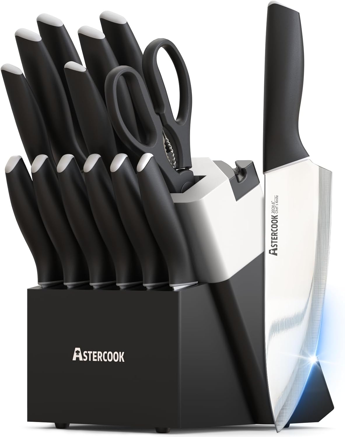 Astercook Knife Set, Kitchen Knives Set with Block and Sharpener 15 Pcs German Stainless Steel Sharp Blade Dishwasher Safe with Ergonomic Handle, Crystal Pink