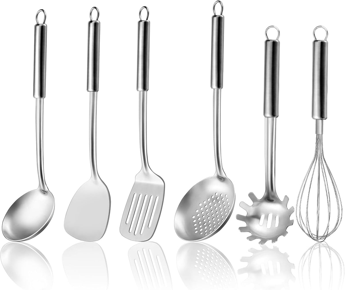Hot Sale - Gymdin 6-Piece Kitchen Cooking Utensils Set, Stainless Steel Kitchen Utensils with Suspendable Handle, Spatula, Slotted Turner, Soup Ladle, Slotted Spoon, Whisk, Pasta Server, Dishwasher Safe