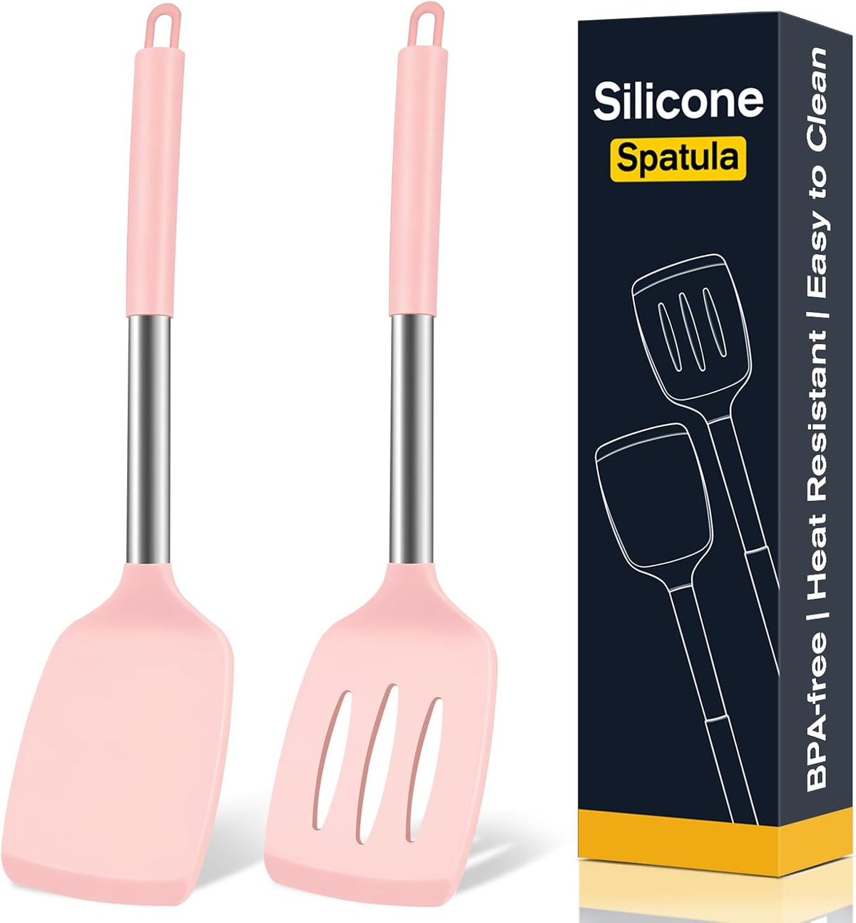 2 Pack Silicone Spatula Set, Solid & Slotted Turner for Non-Stick Pans - Dishwasher Safe, BPA-Free Silicone Cooking Utensils for Fish, Eggs, Pancakes, High Heat Resistant, Black