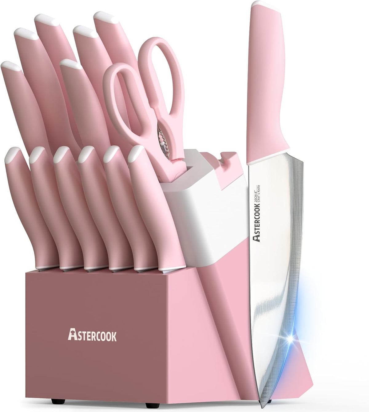 Astercook Knife Set, Kitchen Knives Set with Block and Sharpener 15 Pcs German Stainless Steel Sharp Blade Dishwasher Safe with Ergonomic Handle, Crystal Pink