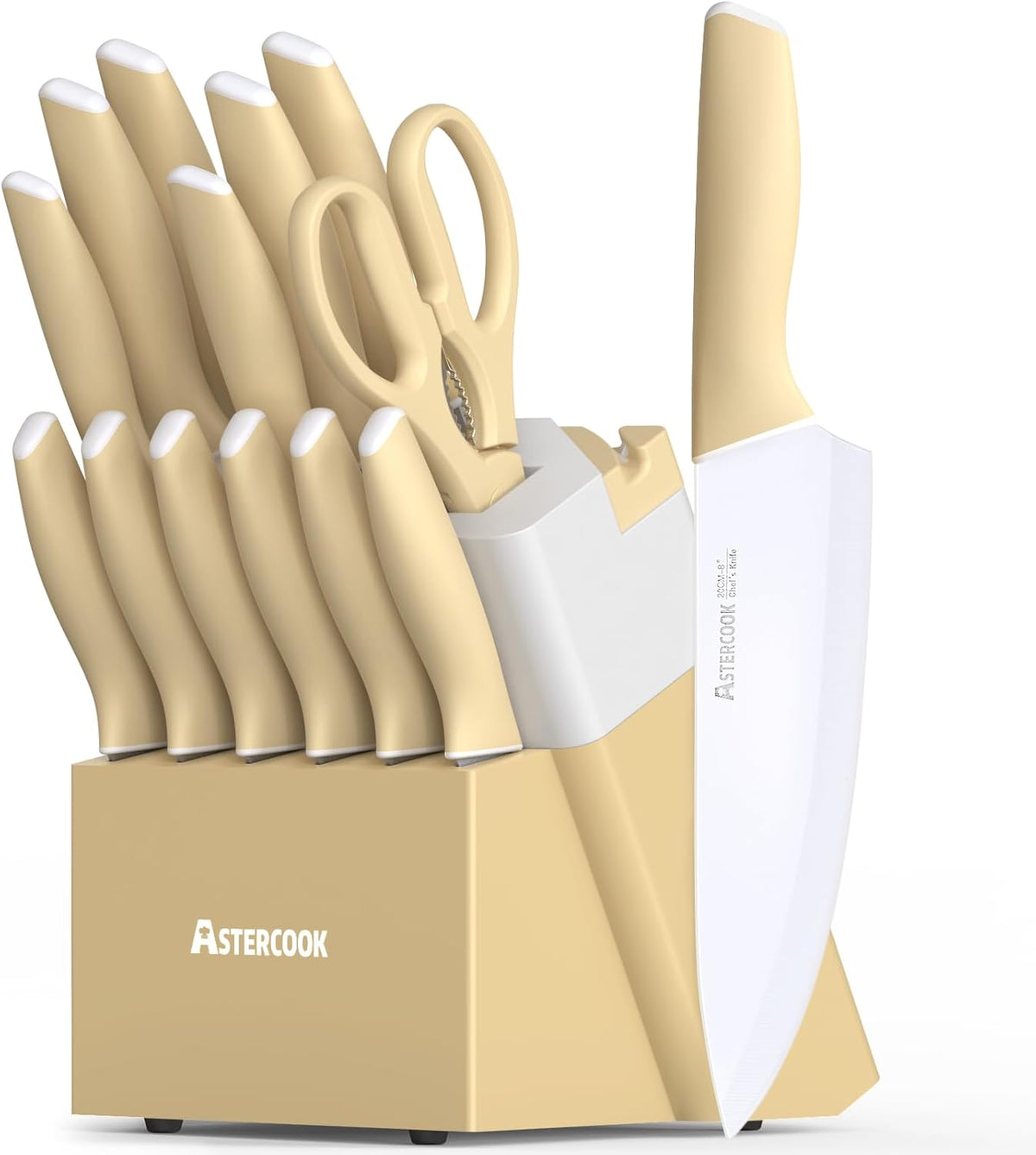 Astercook Knife Set, Kitchen Knives Set with Block and Sharpener 15 Pcs German Stainless Steel Sharp Blade Dishwasher Safe with Ergonomic Handle, Crystal Pink