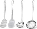 Flash Sale - 4 Pcs Cooking Utensils Set, Stainless Steel Kitchen Utensils, Heat Resistant Metal Kitchen Tools Include Solid & Slotted Turner Wok Spatula, Serving Spoon, Ergonomic Handle, Easy to Clean, Silver