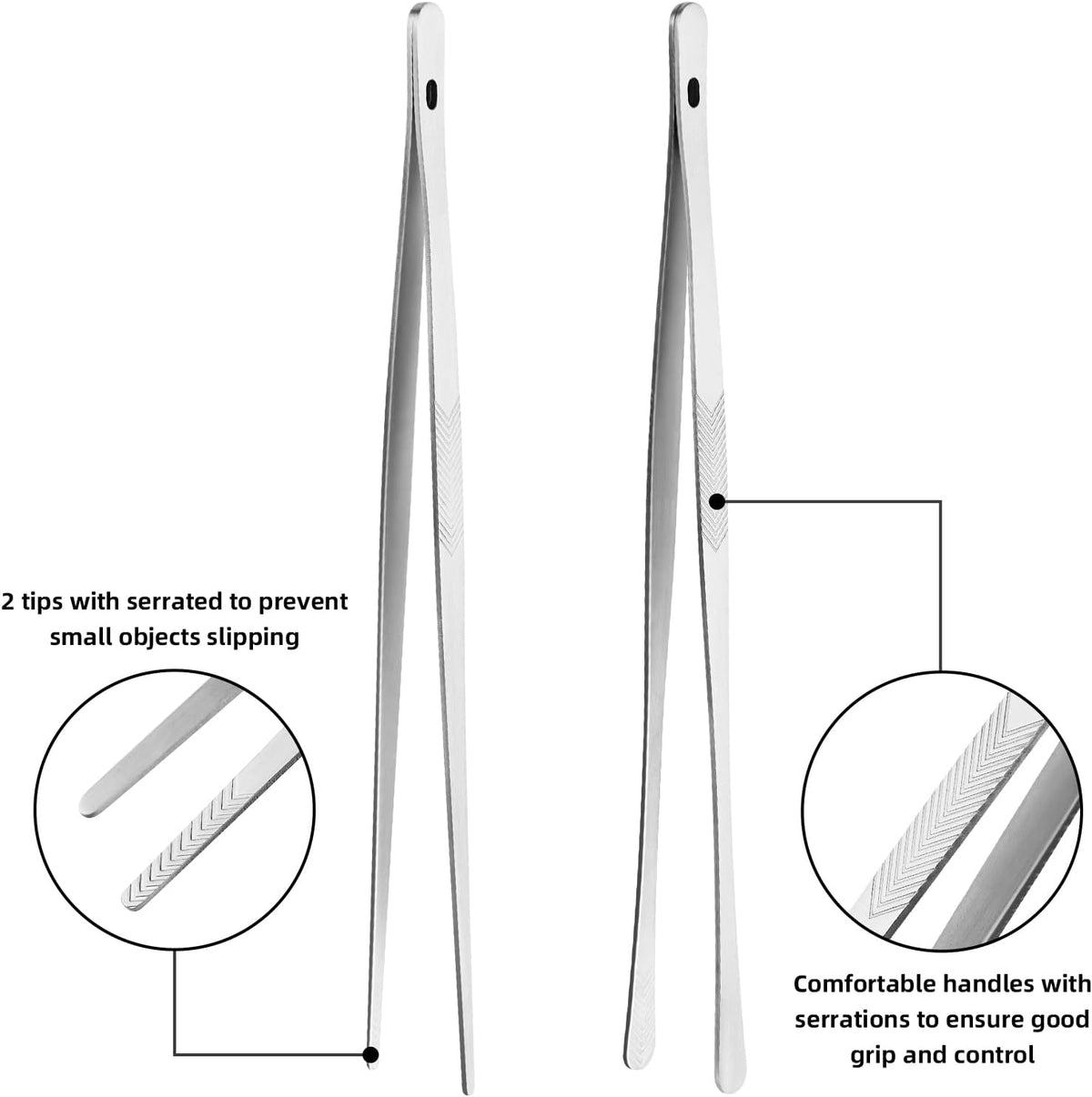 ChefBee 2PCS 12 Stainless Steel Kitchen Tongs Tweezers with Serrated Tips - Precision Grip, Chef Grade, Sturdy Kitchen Utensils, For Serving Food Pasta Salad, Suitable for Grill BBQ Culinary Use