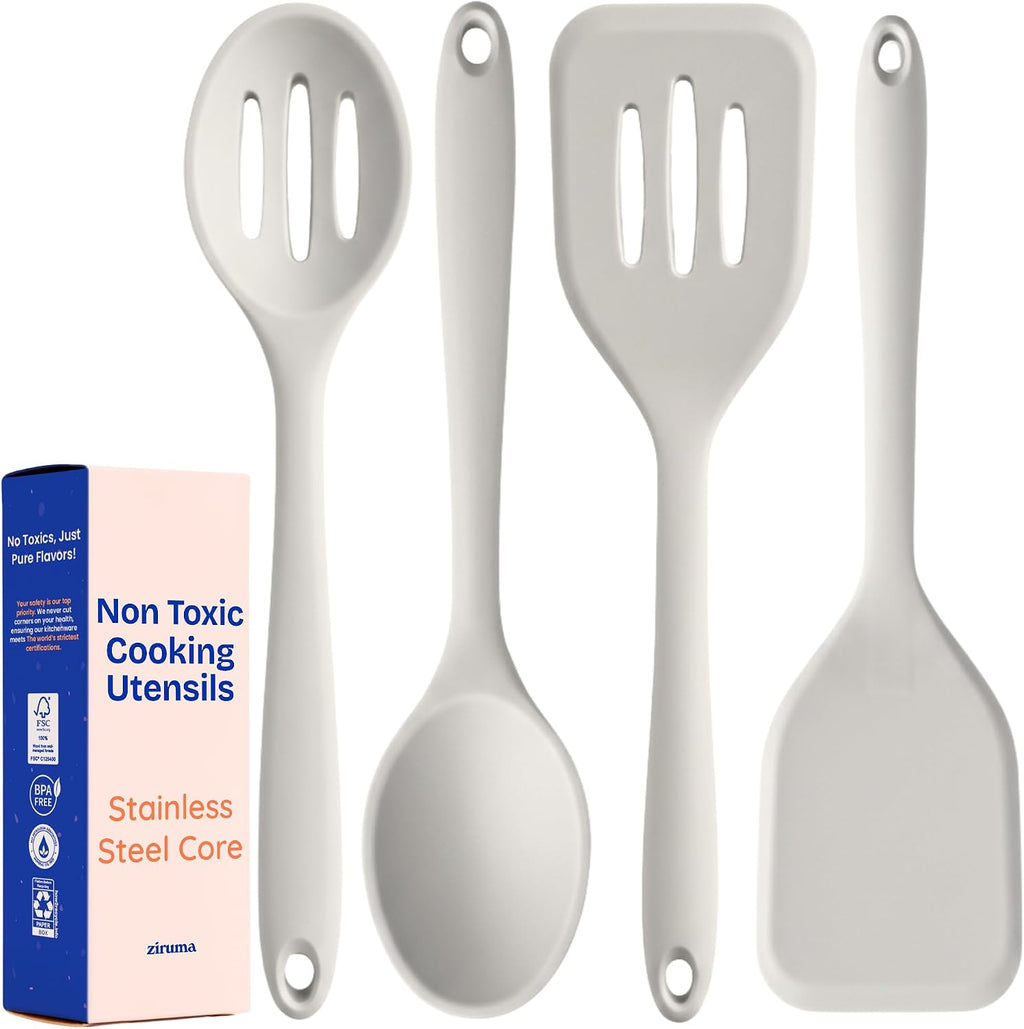 NonToxic Platinum Silicone Utensils, 100% Plastic-Free, 8-Pcs, Gray - LFGB-certified platinum silicone. Solid steel core, no hidden plastics. 500°F heat resistant. Non-scratch. Dishwasher safe