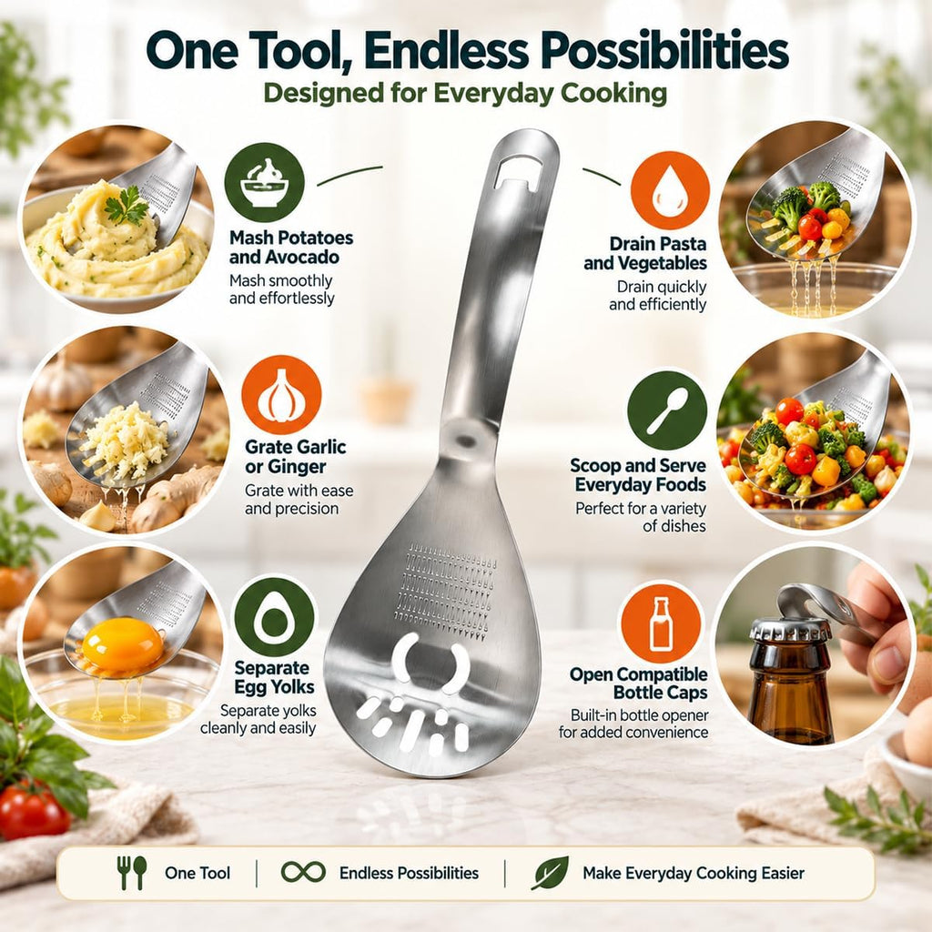 5-in-1 Stainless Steel Cooking Spoon, Multifunctional Kitchen Utensil with Garlic Ginger Grater, Potato Masher, Egg Separator, Strainer Spoon & Bottle Opener, Stainless Steel Kitchen Prep Tool