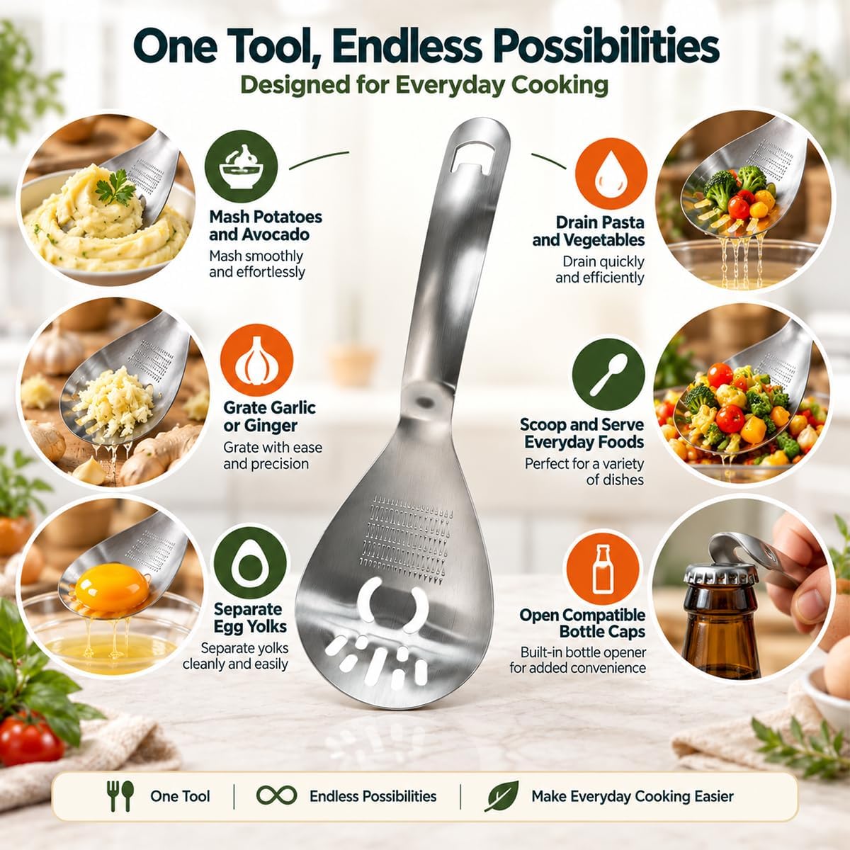 5-in-1 Stainless Steel Cooking Spoon, Multifunctional Kitchen Utensil with Garlic Ginger Grater, Potato Masher, Egg Separator, Strainer Spoon & Bottle Opener, Stainless Steel Kitchen Prep Tool