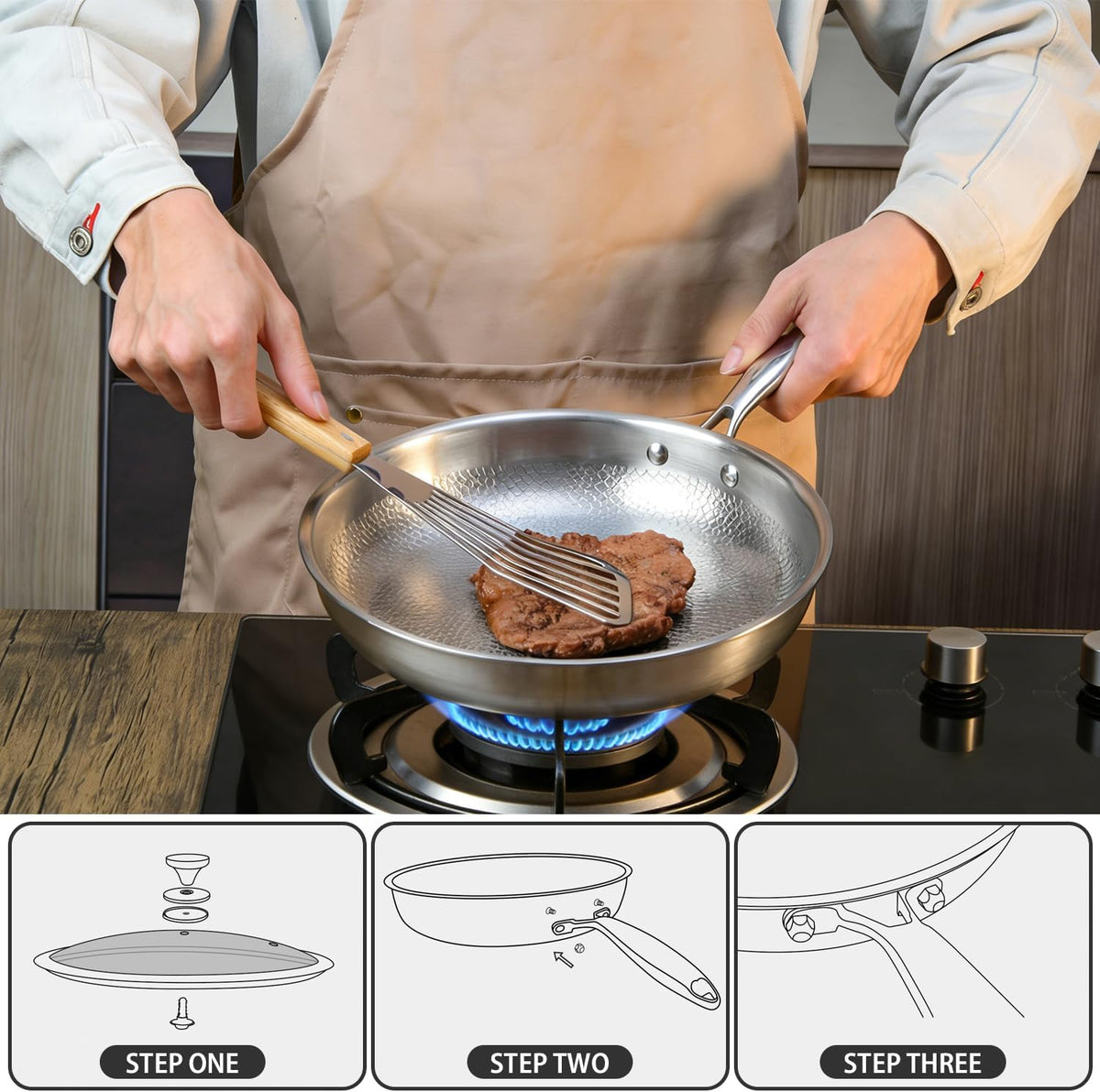 Great Value - MGahyi 12 Inch Titanium Pan for Cooking, Hammered Frying Pan with Lid, Scratch-Resistant Non-Toxic Cookware Compatible with All Stovetops (Silver)