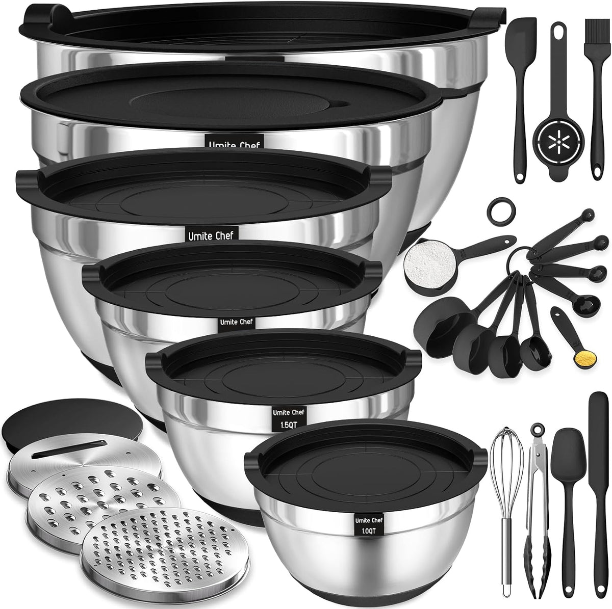 Special Offer - Mixing Bowls with Airtight Lids Set, 26PCS Stainless Steel Khaki Bowls with Grater Attachments, Non-Slip Bottoms & Kitchen Gadgets Set, Size 7, 4, 2.5, 2.0,1.5, 1QT, Great for Mixing & Serving