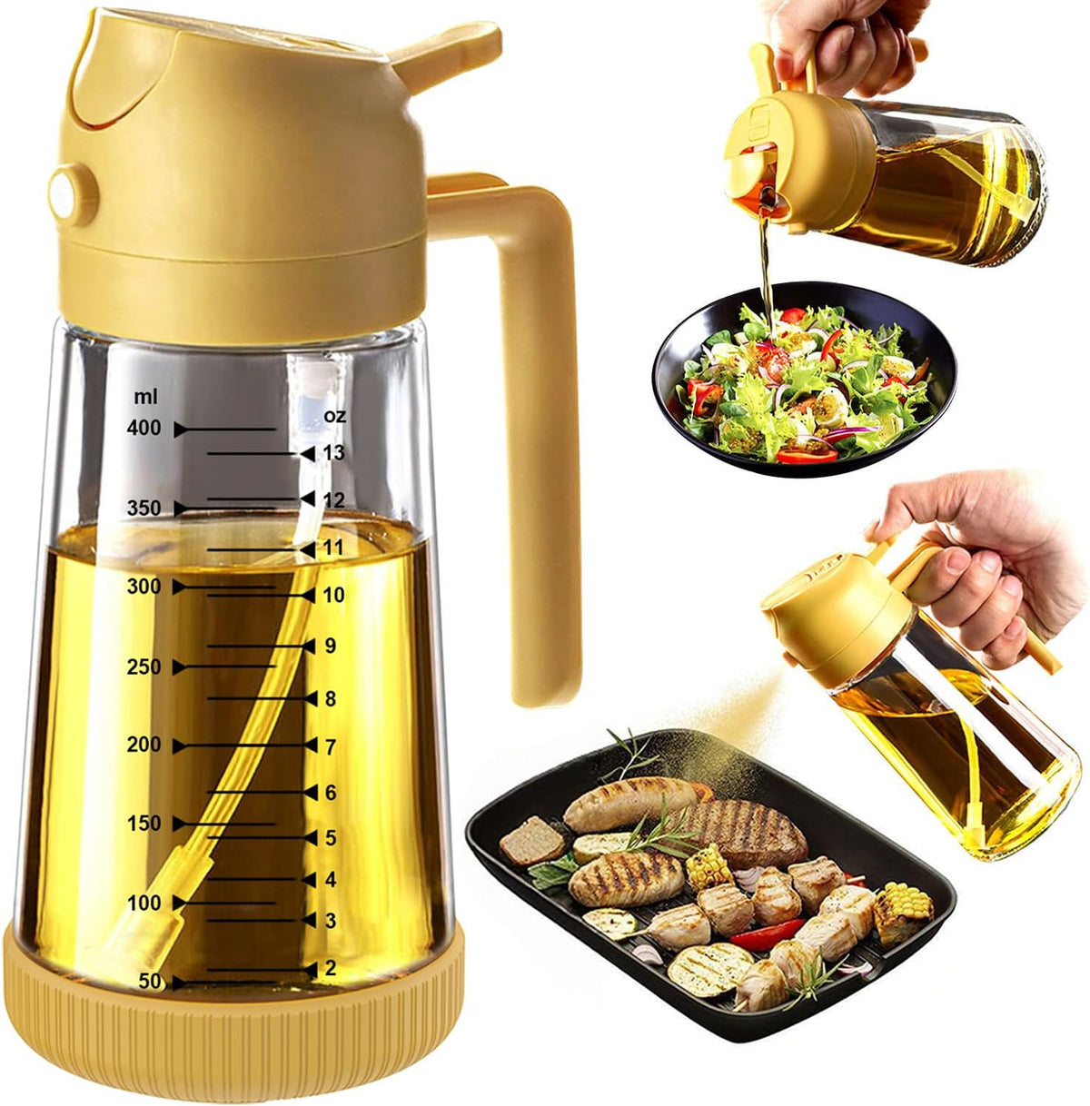 Great Value - TrendPlain 16oz/470ml Glass Olive Oil Sprayer for Cooking – 2 in 1 Olive Oil Dispenser Bottle for Kitchen Gadgets and Air Fryer Accessories, Salad, BBQ - Black & Green