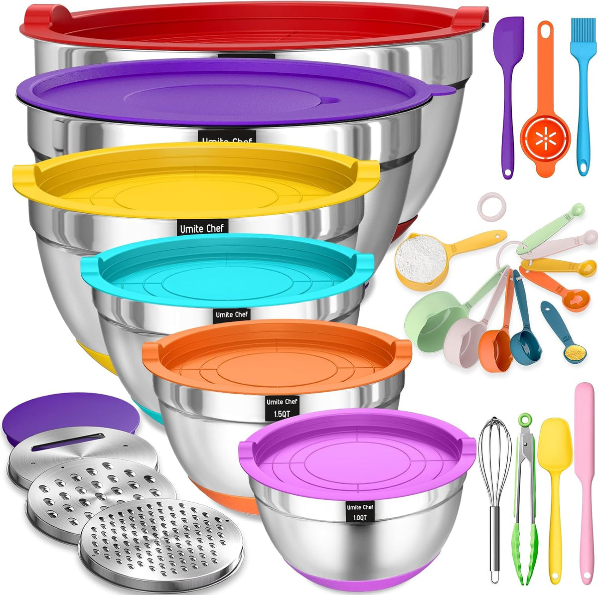 Special Offer - Mixing Bowls with Airtight Lids Set, 26PCS Stainless Steel Khaki Bowls with Grater Attachments, Non-Slip Bottoms & Kitchen Gadgets Set, Size 7, 4, 2.5, 2.0,1.5, 1QT, Great for Mixing & Serving