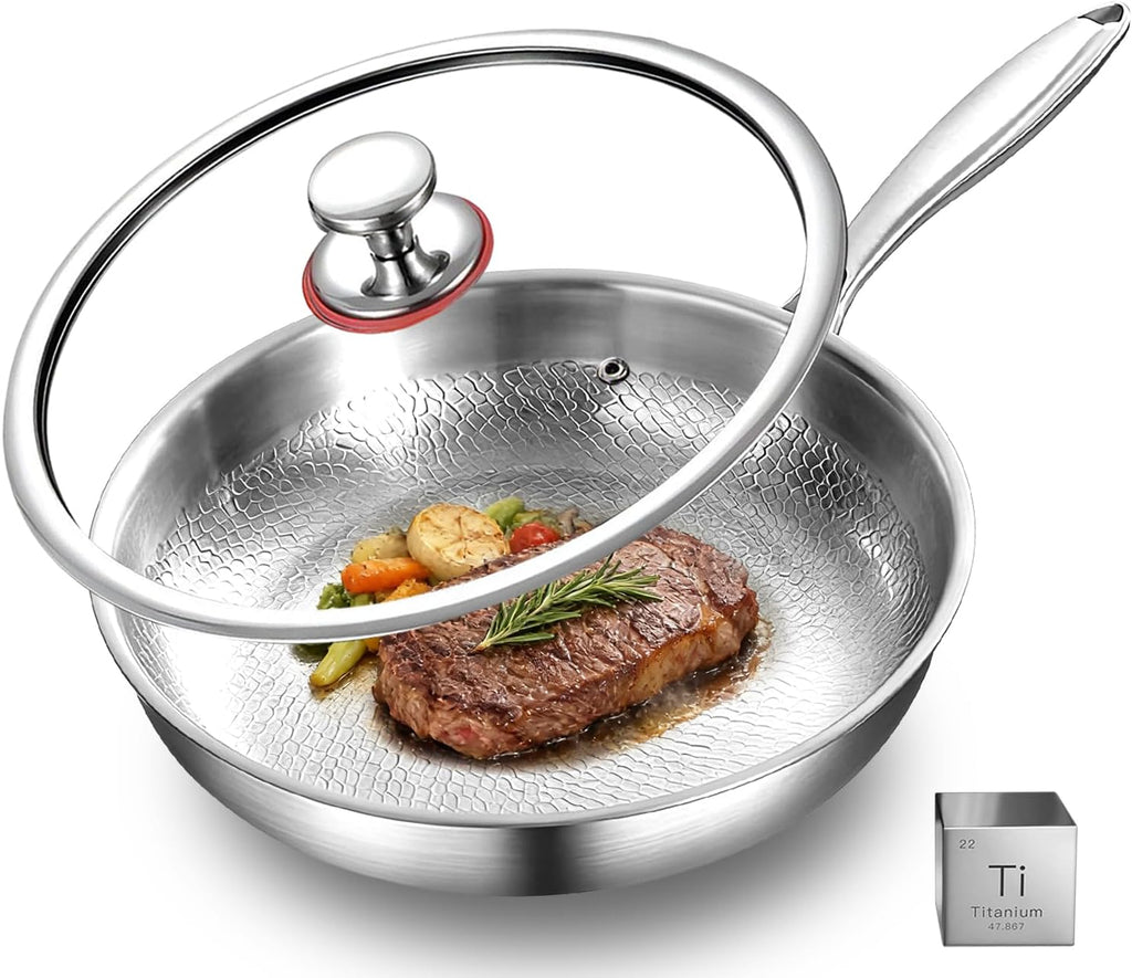 Great Value - MGahyi 12 Inch Titanium Pan for Cooking, Hammered Frying Pan with Lid, Scratch-Resistant Non-Toxic Cookware Compatible with All Stovetops (Silver)