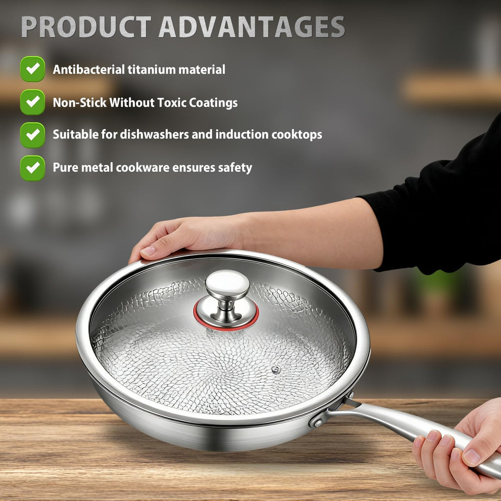 Great Value - MGahyi 12 Inch Titanium Pan for Cooking, Hammered Frying Pan with Lid, Scratch-Resistant Non-Toxic Cookware Compatible with All Stovetops (Silver)