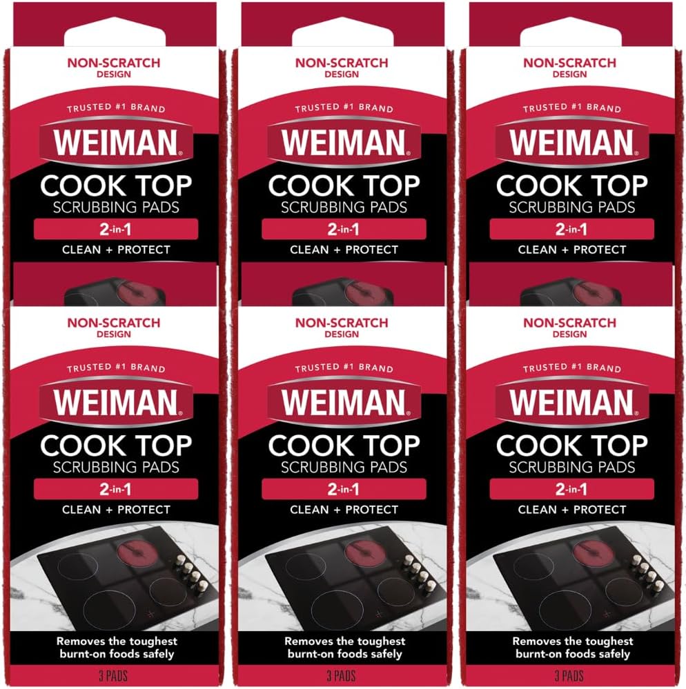 Weiman Cooktop Scrubbing Pads, Scratch-Free Cleaning Pads for Cermaic, Glass Cooktop Surfaces, Removes Tough Burned-On Food & Residue, 6 Pack