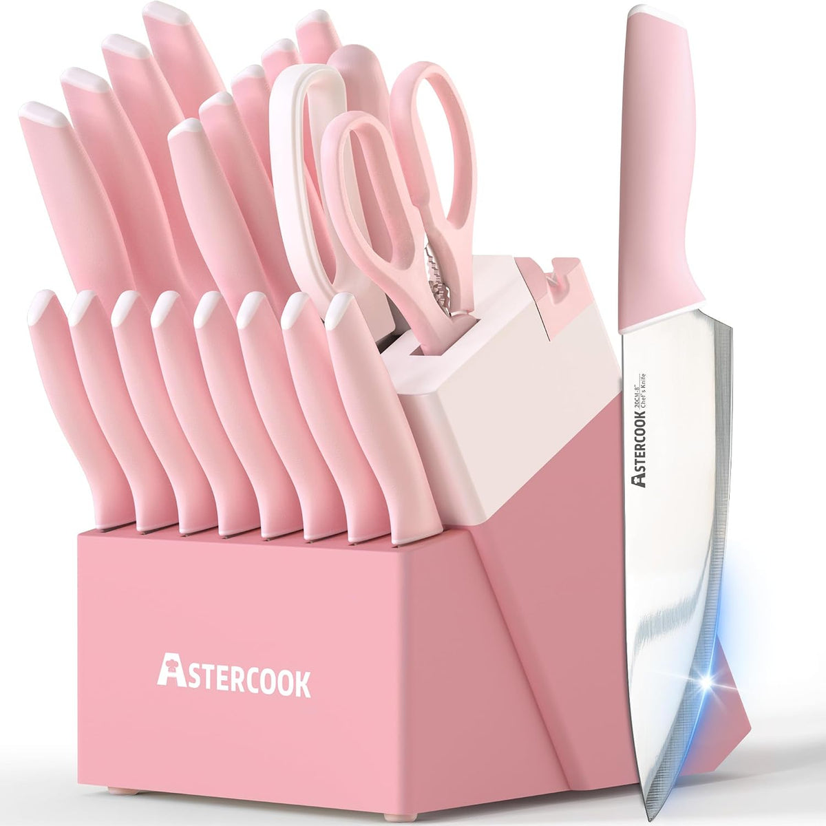 Astercook Knife Set, Kitchen Knives Set with Block and Sharpener 15 Pcs German Stainless Steel Sharp Blade Dishwasher Safe with Ergonomic Handle, Crystal Pink