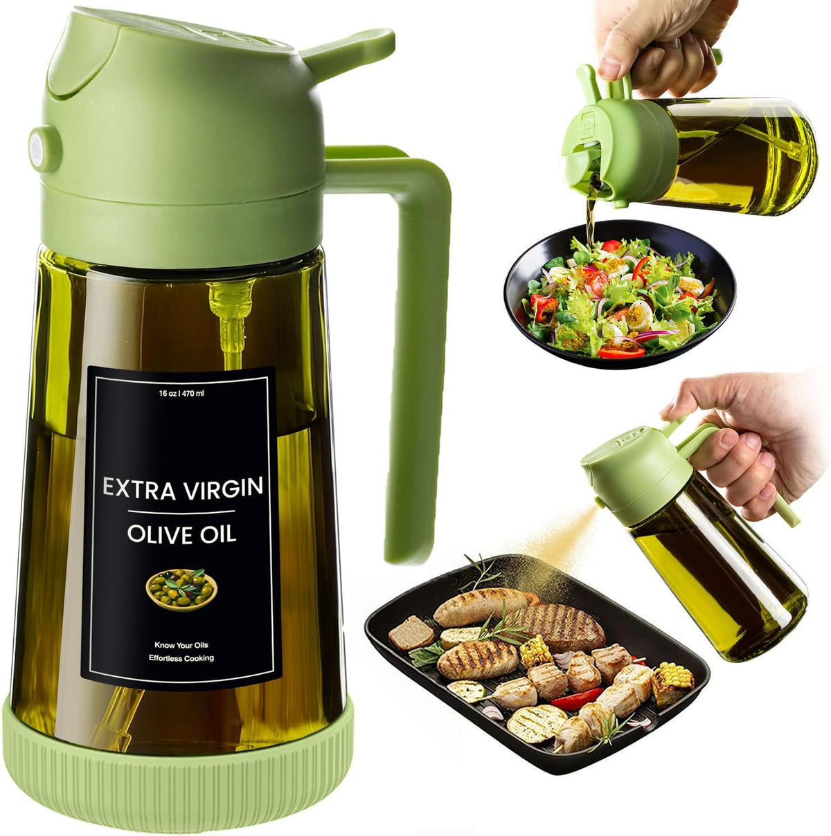 Flash Sale - CXINYI - 16oz/470ml Olive Oil Dispenser for Kitchen with Stickers - 2 in 1 Olive Oil Sprayer for Cooking, Air Fryer, and Salad, Black&Green (Light-Proof Kitchen Gadget)