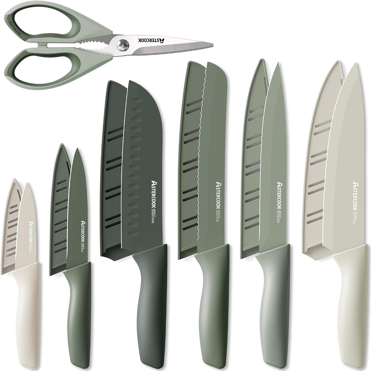 Flash Sale - Astercook Knife Set, 13 Pieces Kitchen Knives Set with Healthy Anti-Rust Coating, Dishwasher Safe, Stainless Steel Chef Knife Sets with 6 Blade Guards, Perfect Holiday Gifts for Kitchen