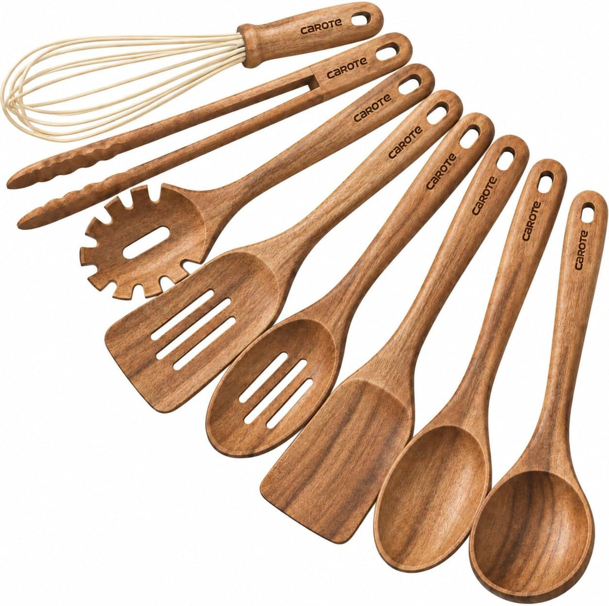 Best Seller - CAROTE Wooden Utensil Set, 8-Piece Acacia Wood Cooking Utensils - Nonstick Cookware Friendly, Durable, Heat-Resistant, Cool-Touch Handles, Hanging Loops, Everyday Kitchen Essentials