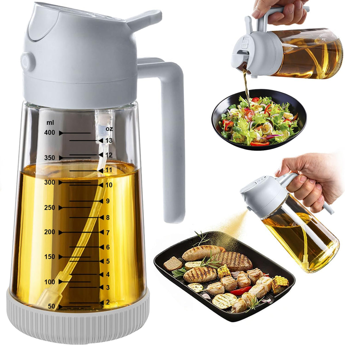 Hot Sale - TrendPlain 16oz/470ml Glass Olive Oil Sprayer for Cooking – 2 in 1 Olive Oil Dispenser Bottle for Kitchen Gadgets and Air Fryer Accessories, Salad, BBQ - Ash