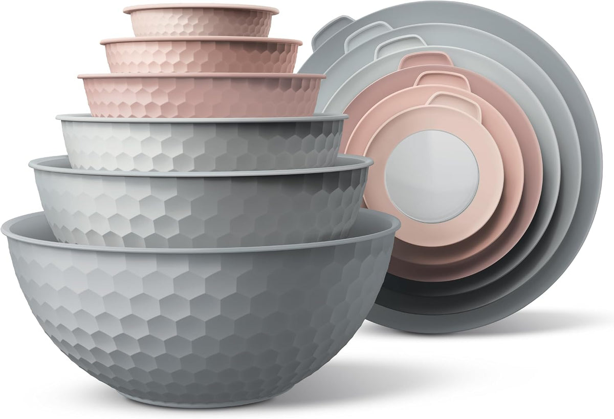 Special Offer - COOK WITH COLOR Mixing Bowls with Lids - 12 Piece Plastic Nesting Bowls Set includes 6 Prep Bowls and 6 Lids, Microwave Safe Mixing Bowl Set, Brown Embossed