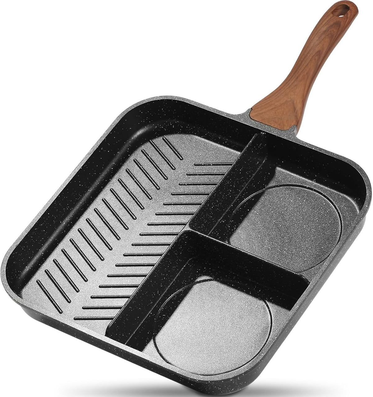 Limited-Time Deal - ESLITE LIFE Nonstick Divided Grill Pan for Stove Tops, 11 Inch Versatile 3-In-1 Breakfast Pan, Square Big Grilling Steak Pan for Indoor & Outdoor Cooking, PTFE & PFOA Free, Black