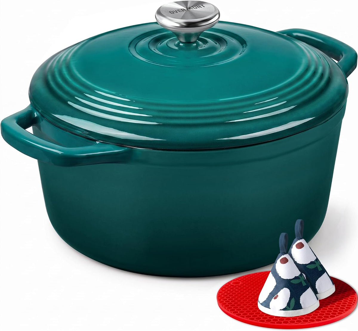 Limited-Time Deal - Overmont Enameled Cast Iron Dutch Oven - 5.5QT Pot with Lid Cookbook - Heavy-Duty Cookware with Cotton Potholders, Enclosed Lid-Knob Design, Oven Safe for Sourdough Baking Braising Stews Roasting