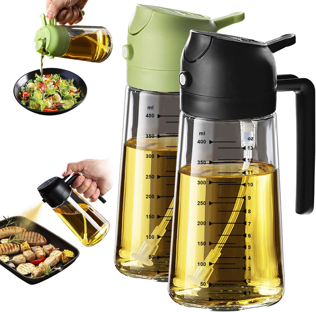 Flash Sale - TrendPlain 16oz/470ml Glass Olive Oil Sprayer for Cooking – 2 in 1 Olive Oil Dispenser Bottle for Kitchen Gadgets and Air Fryer Accessories, Salad, BBQ - Green