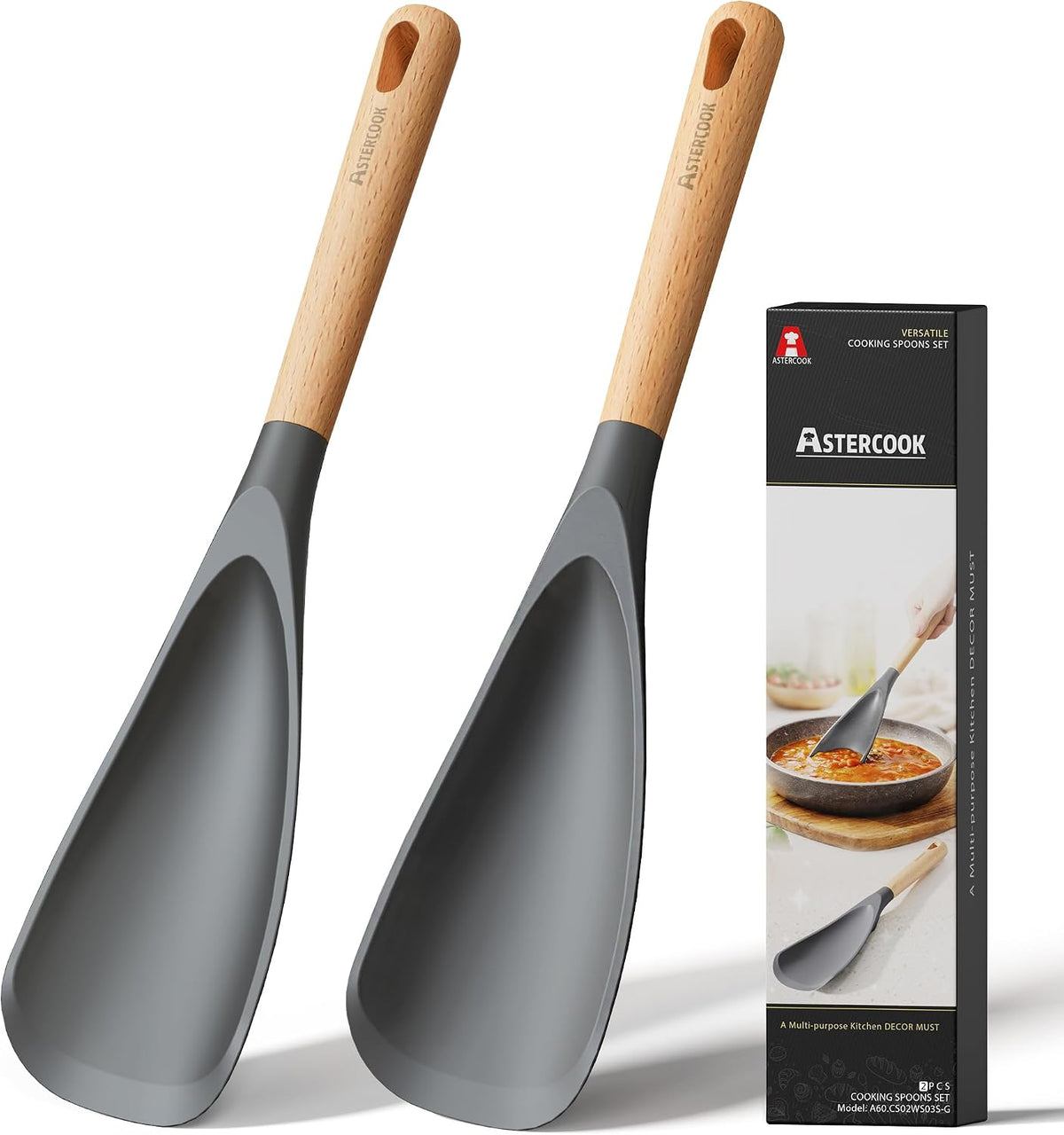 Limited-Time Deal - Astercook Cooking Spoon, 2 Pack, Nonstick Safe Silicone Spoonula Spatula - Long Wooden Handles, Heat Resistant, BPA-Free, Built-in Spoon Rest, Spatula Spoon For Stirring, Scooping, Scraping & Serving