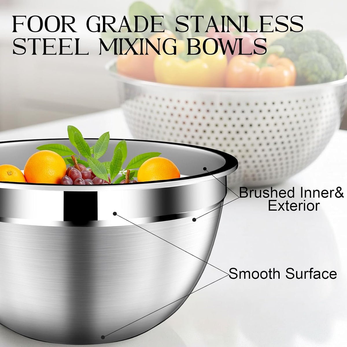 Great Value - Mixing Bowls with Lids Set, Stainless Steel Mixing Bowl with Colander - Home and Kitchen Essential incl. Strainer 3 Qt with Mixing Bowl 1.5/2/2.5/3/4.5Qt for Fruit, Salad, Serving, Cooking - Black