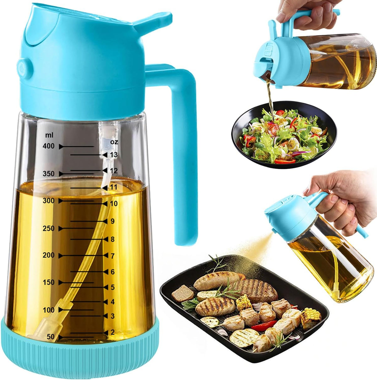 Hot Sale - TrendPlain 16oz/470ml Glass Olive Oil Sprayer for Cooking – 2 in 1 Olive Oil Dispenser Bottle for Kitchen Gadgets and Air Fryer Accessories, Salad, BBQ - Ash