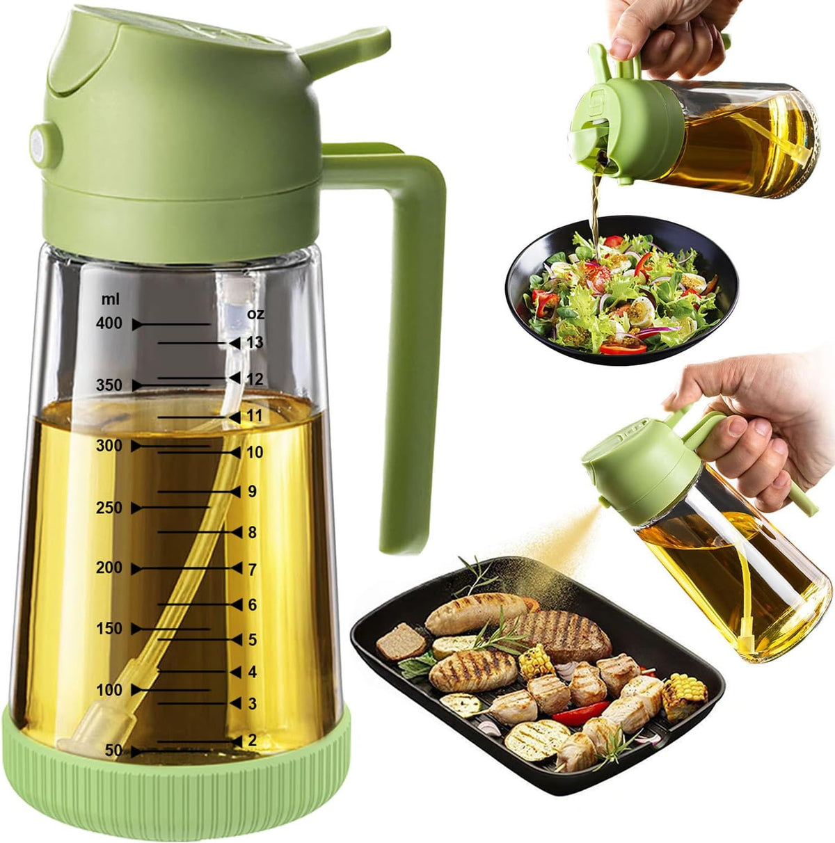 Flash Sale - TrendPlain 16oz/470ml Glass Olive Oil Sprayer for Cooking – 2 in 1 Olive Oil Dispenser Bottle for Kitchen Gadgets and Air Fryer Accessories, Salad, BBQ - Green