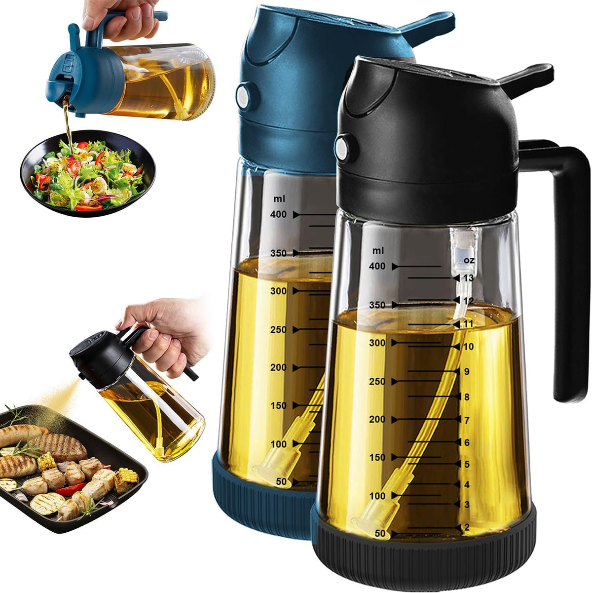 Limited-Time Deal - TrendPlain 16oz/470ml Glass Olive Oil Sprayer for Cooking – 2 in 1 Olive Oil Dispenser Bottle for Kitchen Gadgets and Air Fryer Accessories, Salad, BBQ - Black