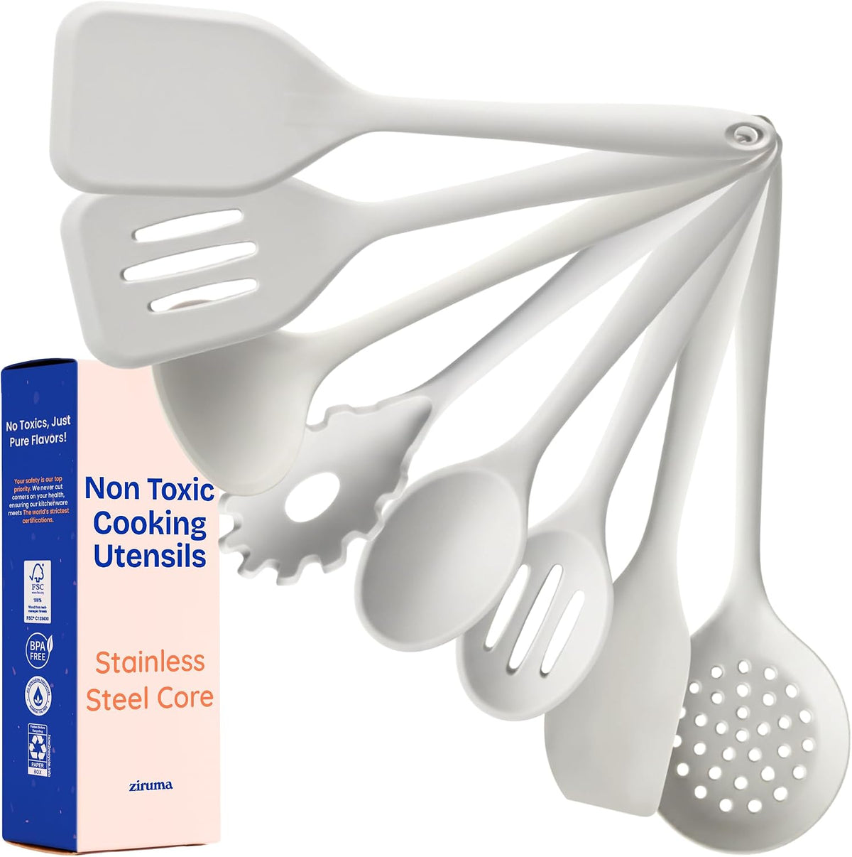 NonToxic Platinum Silicone Utensils, 100% Plastic-Free, 8-Pcs, Gray - LFGB-certified platinum silicone. Solid steel core, no hidden plastics. 500°F heat resistant. Non-scratch. Dishwasher safe