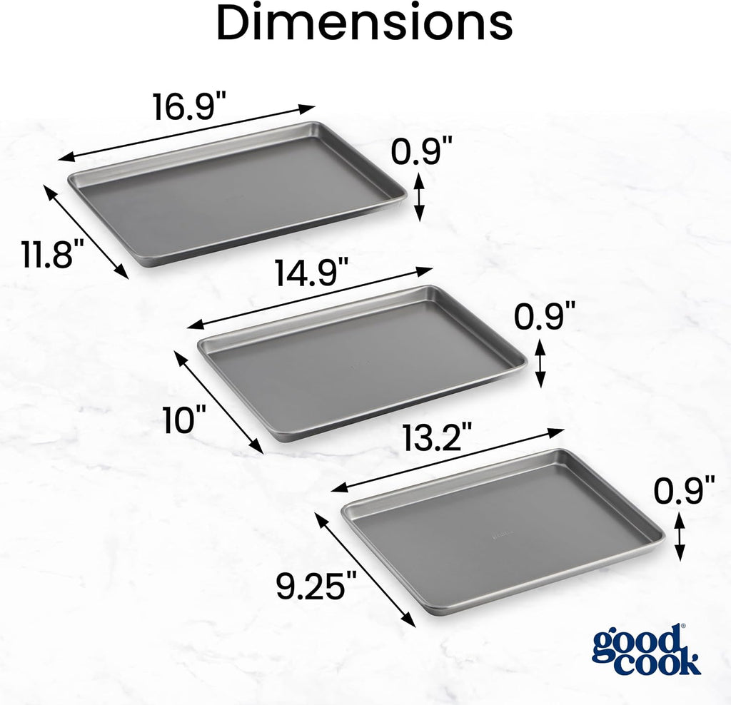 Best Seller - GoodCook Everyday Nonstick Baking Sheet Set, 3 Pack Includes Small (13×9) Medium (15×1) and Large (17×11) Pans Carbon Steel Construction Cookie Sheets Bakeware Set, Gray