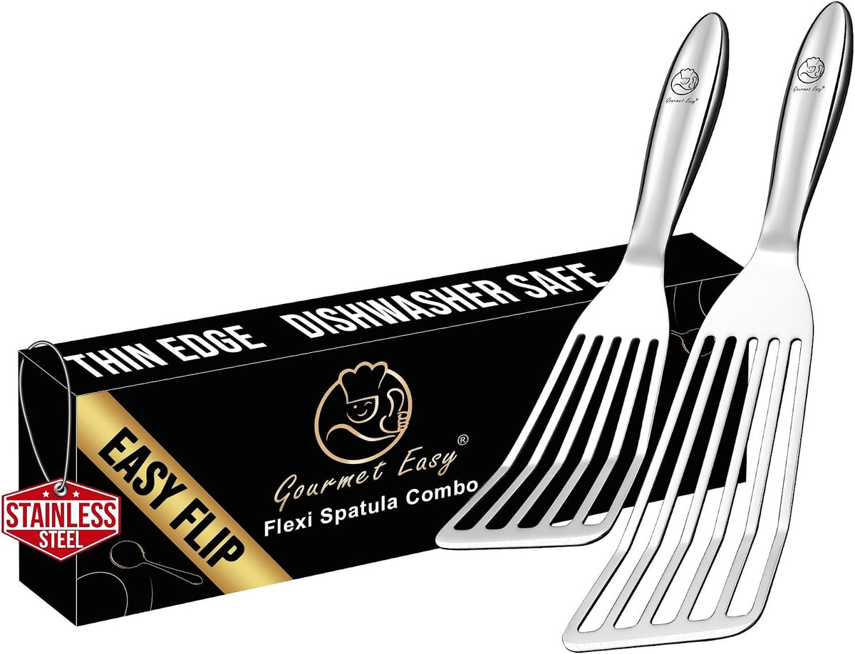 Limited-Time Deal - Gourmet Easy Fish Spatula Set, Ultra-Thin Edge for Easy Turning & Flipping - Stainless Steel Metal Spatula, One-Piece Design, Ergonomic Non-Slip Grip, Versatile Use, Dishwasher Safe, 5-Year Warranty