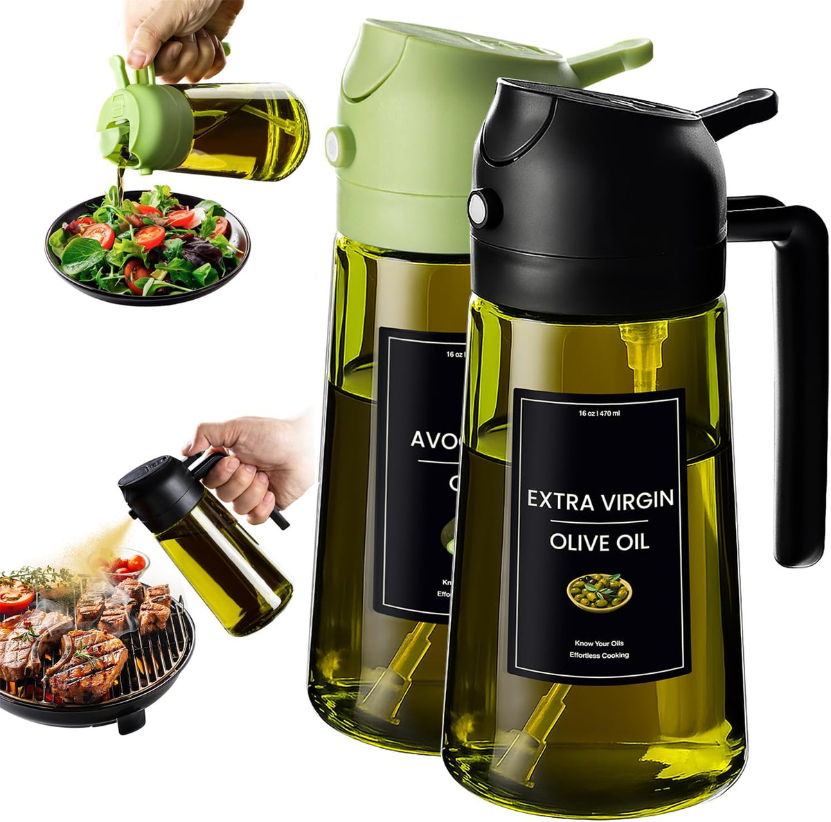 Flash Sale - CXINYI - 16oz/470ml Olive Oil Dispenser for Kitchen with Stickers - 2 in 1 Olive Oil Sprayer for Cooking, Air Fryer, and Salad, Black&Green (Light-Proof Kitchen Gadget)