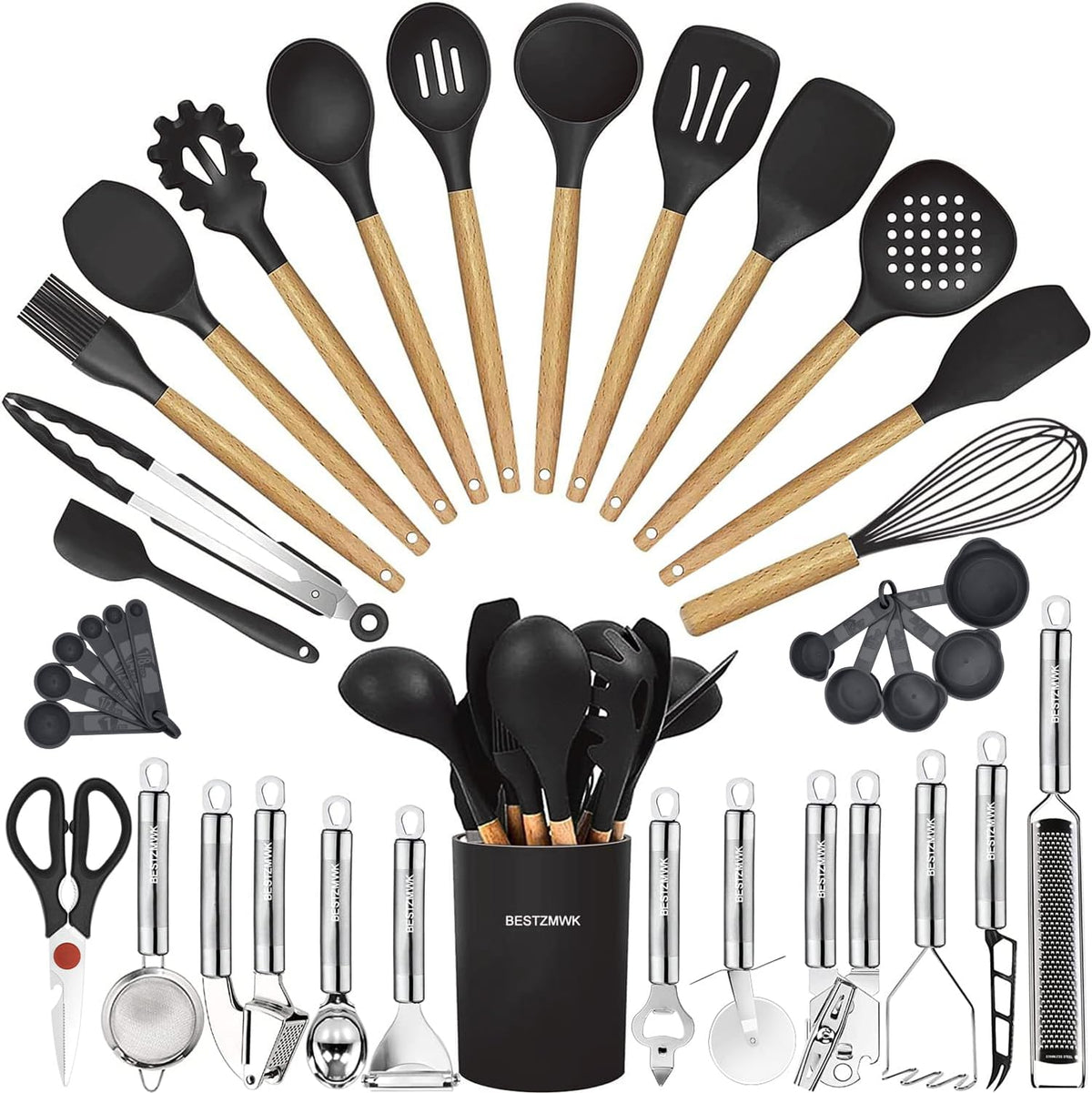 Special Offer - Kitchen Utensils Set- 35 PCs Cooking Utensils with Grater,Tongs, Spoon Spatula &Turner Made of Heat Resistant Food Grade Silicone and Wooden Handles Kitchen Gadgets Tools Set for Nonstick Cookware