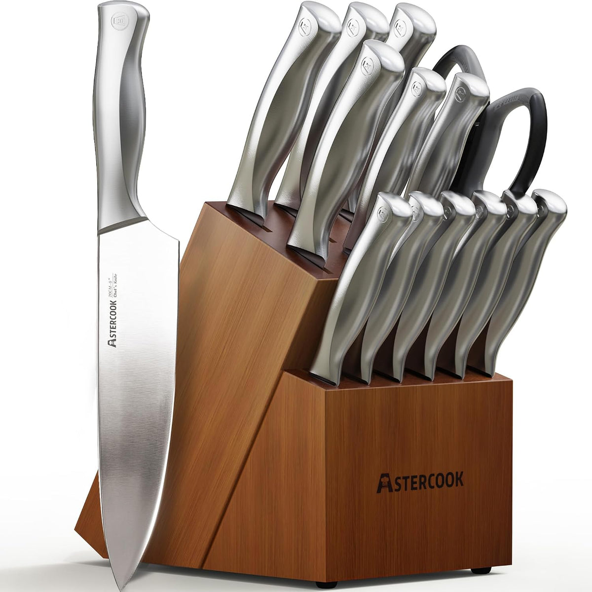 Great Value - Astercook Knife Set for Kitchen with Block and Sharpener 15pcs German - Stainless Steel Kitchen Utensils Set Dishwasher Safe