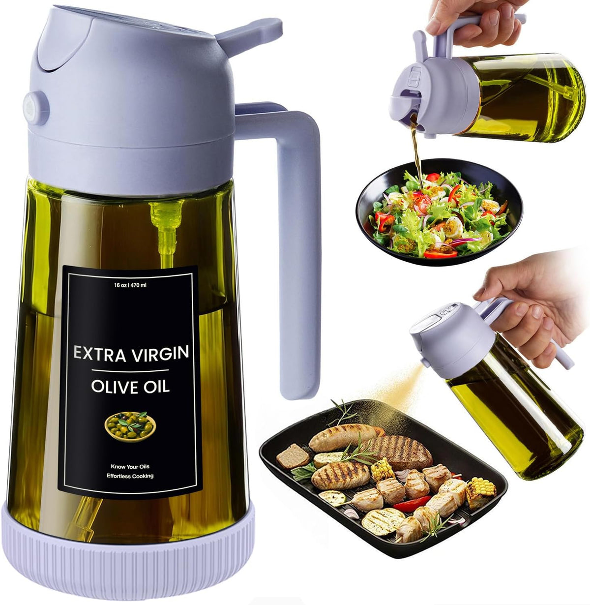 Flash Sale - CXINYI - 16oz/470ml Olive Oil Dispenser for Kitchen with Stickers - 2 in 1 Olive Oil Sprayer for Cooking, Air Fryer, and Salad, Black&Green (Light-Proof Kitchen Gadget)