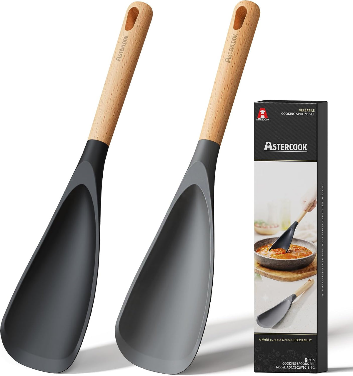 Limited-Time Deal - Astercook Cooking Spoon, 2 Pack, Nonstick Safe Silicone Spoonula Spatula - Long Wooden Handles, Heat Resistant, BPA-Free, Built-in Spoon Rest, Spatula Spoon For Stirring, Scooping, Scraping & Serving