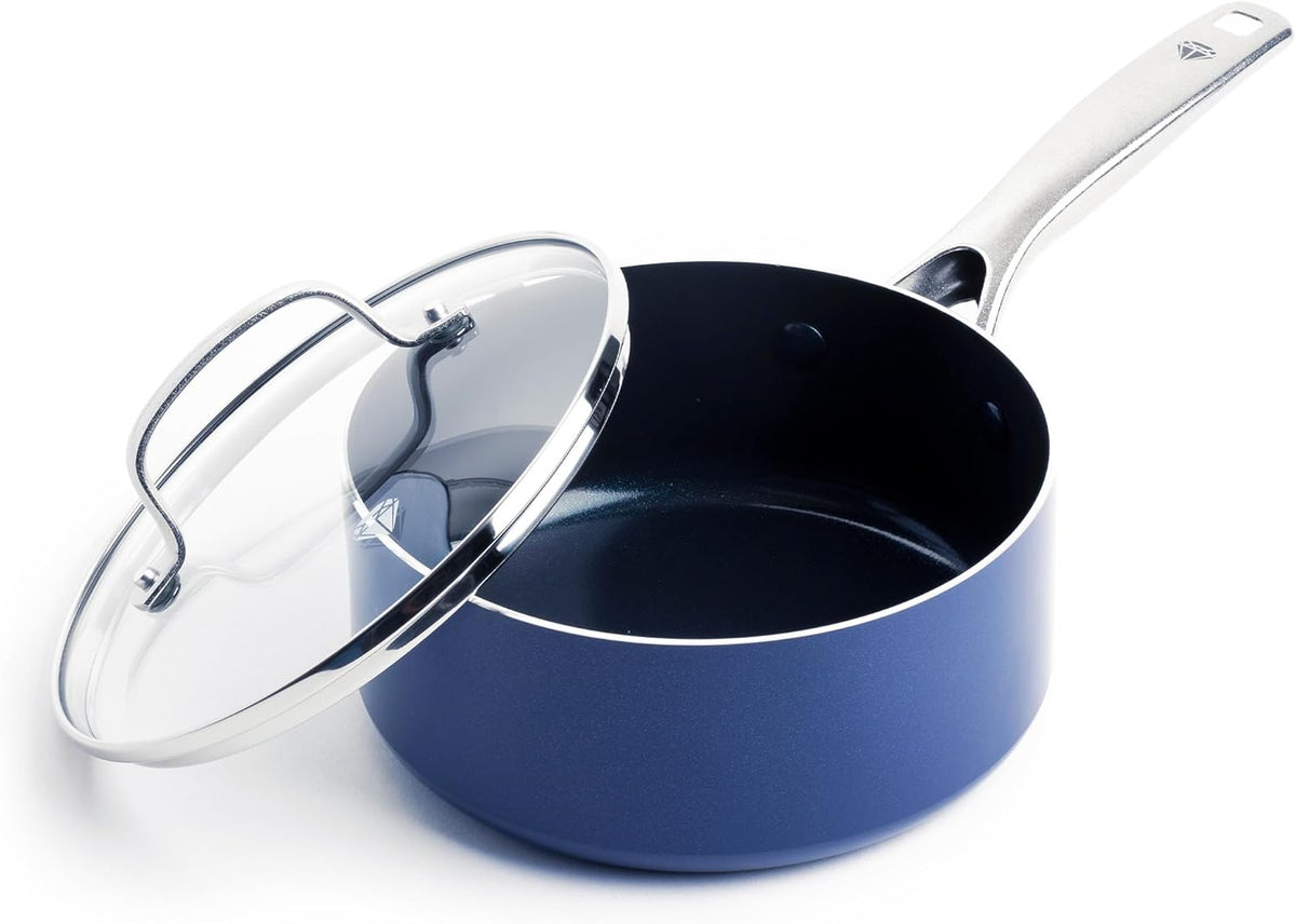 Great Value - Blue Diamond 2QT Diamond Infused Ceramic Nonstick Sauce Pan with Lid, Blue - PFAS-Free Ceramic Nonstick Chef Pot, Dishwasher & Oven Safe, Durable Metal Utensil Safe, Soups, Glass Lid