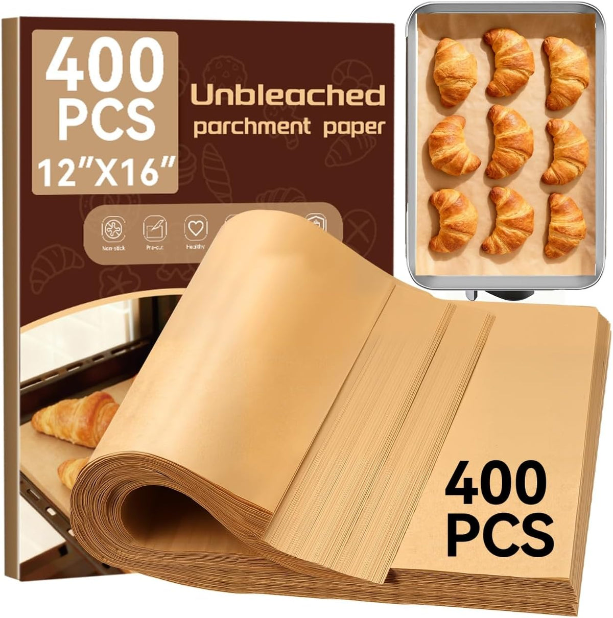 YUANYE 400PCS Parchment Paper Baking Sheets, 12x16 Unbleached Precut Half Parchment Paper for Baking, Non-Stick Baking Paper for Baking, Grillin, Steaming Bread Cookies, Oven, Air Fryer, Microwave